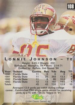 1994 Classic Four Sport #108 Lonnie Johnson Back