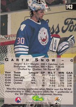 1994 Classic Four Sport #143 Garth Snow Back