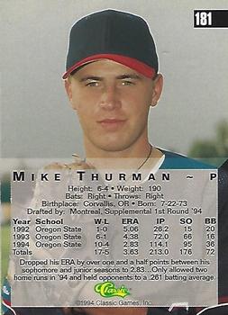 1994 Classic Four Sport #181 Mike Thurman Back