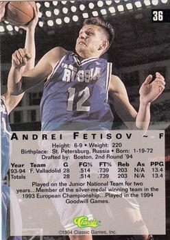 1994 Classic Four Sport #36 Andrei Fetisov Back