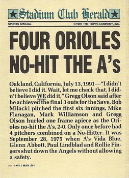 1991 Stadium Club Members Only #NNO Orioles No-Hitter (Bob Milacki / Mike Flanagan / Mark Williamson / Chris Hoiles / Gregg Olson) Back