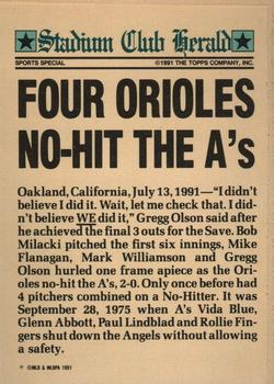 1991 Stadium Club Members Only #NNO Orioles No-Hitter (Bob Milacki / Mike Flanagan / Mark Williamson / Chris Hoiles / Gregg Olson) Back