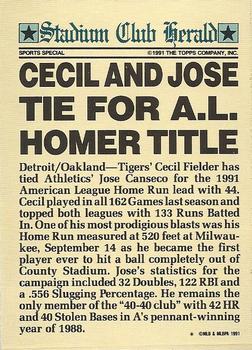 1991 Stadium Club Members Only #NNO A.L. Home Run Leaders (Cecil Fielder / Jose Canseco) Back