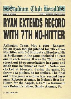 1991 Stadium Club Members Only #NNO Nolan Ryan (7th No-Hitter) Back