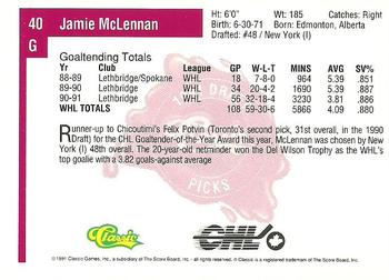 1991 Classic Four Sport #40 Jamie McLennan Back
