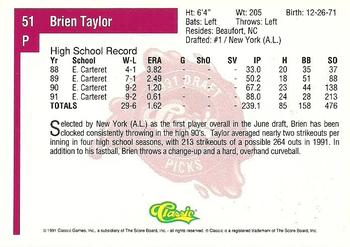 1991 Classic Four Sport #51 Brien Taylor Back