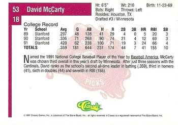 1991 Classic Four Sport #53 David McCarty Back
