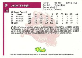 1991 Classic Four Sport #80 Jorge Fabregas Back