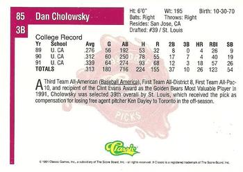 1991 Classic Four Sport #85 Dan Cholowsky Back