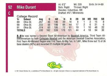 1991 Classic Four Sport #92 Mike Durant Back
