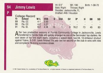 1991 Classic Four Sport #94 Jimmy Lewis Back