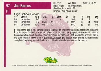 1991 Classic Four Sport #97 Jon Barnes Back