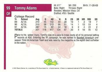 1991 Classic Four Sport #99 Tommy Adams Back