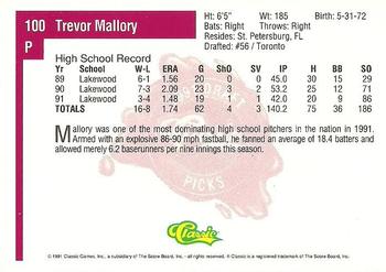 1991 Classic Four Sport #100 Trevor Mallory Back