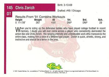 1991 Classic Four Sport #145 Chris Zorich Back
