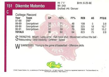 1991 Classic Four Sport #151 Dikembe Mutombo Back