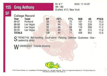 1991 Classic Four Sport #155 Greg Anthony Back