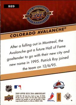 2009 Upper Deck 20th Anniversary #829 Colorado Avalanche Back