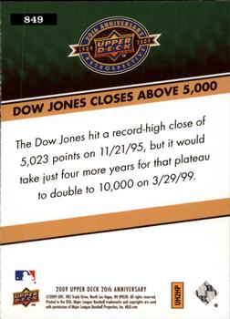 2009 Upper Deck 20th Anniversary #849 Dow Jones Closes Above 5000 Back