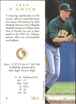 1993-94 Classic Images Four Sport #7 Jeff D'Amico Back