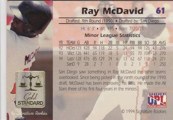 1994 Signature Rookies Gold Standard #61 Ray McDavid Back