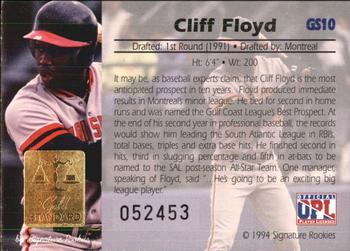 1994 Signature Rookies Gold Standard - Gold Signature #GS10 Cliff Floyd Back