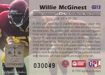 1994 Signature Rookies Gold Standard - Gold Signature #GS13 Willie McGinest Back