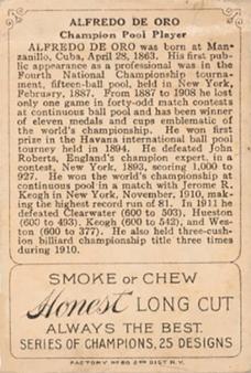 1912 Series of Champions (T227) #NNO Alfredo de Oro Back