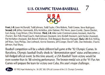 1992 Impel Olympicards: 1992 U.S. Olympic Hopefuls #7 U.S. Olympic Team - Baseball Back