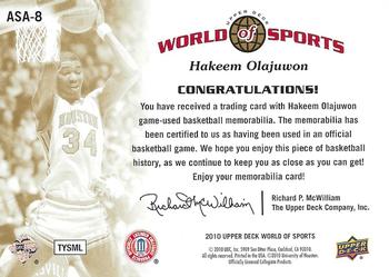 2010 Upper Deck World of Sports - All-Sport Apparel Memorabilia #ASA-8 Hakeem Olajuwon Back