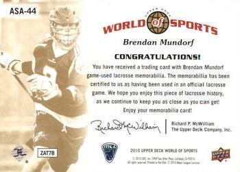 2010 Upper Deck World of Sports - All-Sport Apparel Memorabilia #ASA-44 Brendan Mundorf Back