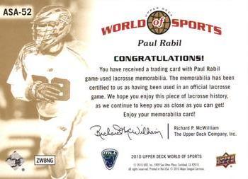 2010 Upper Deck World of Sports - All-Sport Apparel Memorabilia #ASA-52 Paul Rabil Back