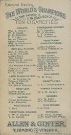 1888 Allen & Ginter World's Champions (N29) #NNO W.E. Crist Back