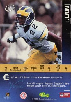 1996 Classic Visions #61 Ty Law Back