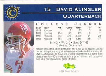 1992-93 Classic C3 #15 David Klingler Back