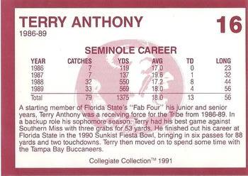 1990-91 Collegiate Collection Florida State Seminoles #16 Terry Anthony Back