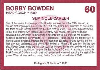 1990-91 Collegiate Collection Florida State Seminoles #60 Bobby Bowden Back