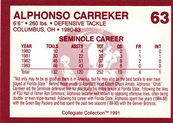 1990-91 Collegiate Collection Florida State Seminoles #63 Alphonso Carreker Back