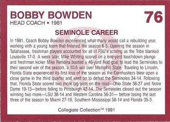 1990-91 Collegiate Collection Florida State Seminoles #76 Bobby Bowden Back