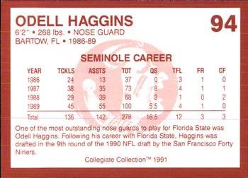 1990-91 Collegiate Collection Florida State Seminoles #94 Odell Haggins Back