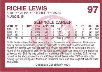 1990-91 Collegiate Collection Florida State Seminoles #97 Richie Lewis Back