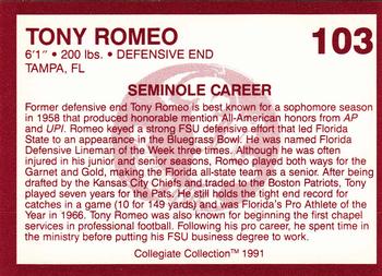 1990-91 Collegiate Collection Florida State #103 Tony Romeo Back