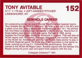 1990-91 Collegiate Collection Florida State Seminoles #152 Tony Avitable Back