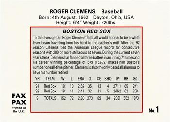 1993 Fax Pax World of Sport #1 Roger Clemens Back