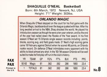1993 Fax Pax World of Sport #8 Shaquille O'Neal Back