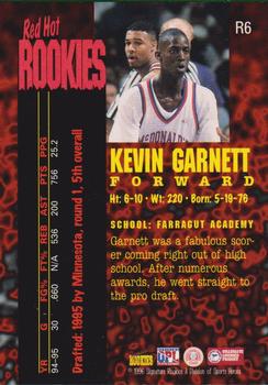 1995 Signature Rookies Fame and Fortune - Red Hot Rookies #R6 Kevin Garnett Back