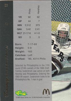 1993 Classic McDonald's Four Sport Exclusive Collection #20 Tommy Soderstrom Back
