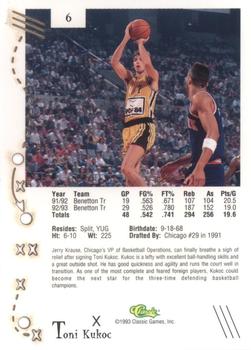 1993-94 Classic Images Four Sport - C3 Gold Crown Cut Lasercut #6 Toni Kukoc Back