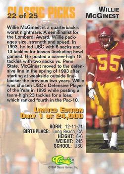 1994 Classic Four Sport - Classic Picks #22 Willie McGinest Back