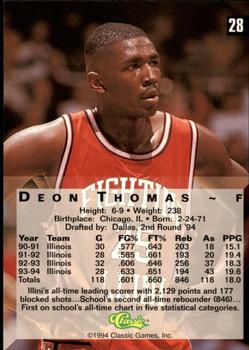 1994 Classic Four Sport - Gold #28 Deon Thomas Back